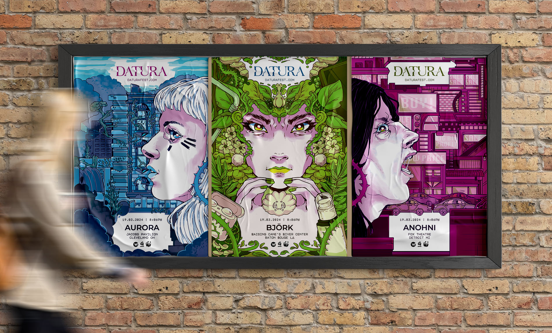 Mockup of Aurora: Cleveland, Bjork: Baton Rouge, and Anohni: Detroit posters on a brick wall. Woman walking past.